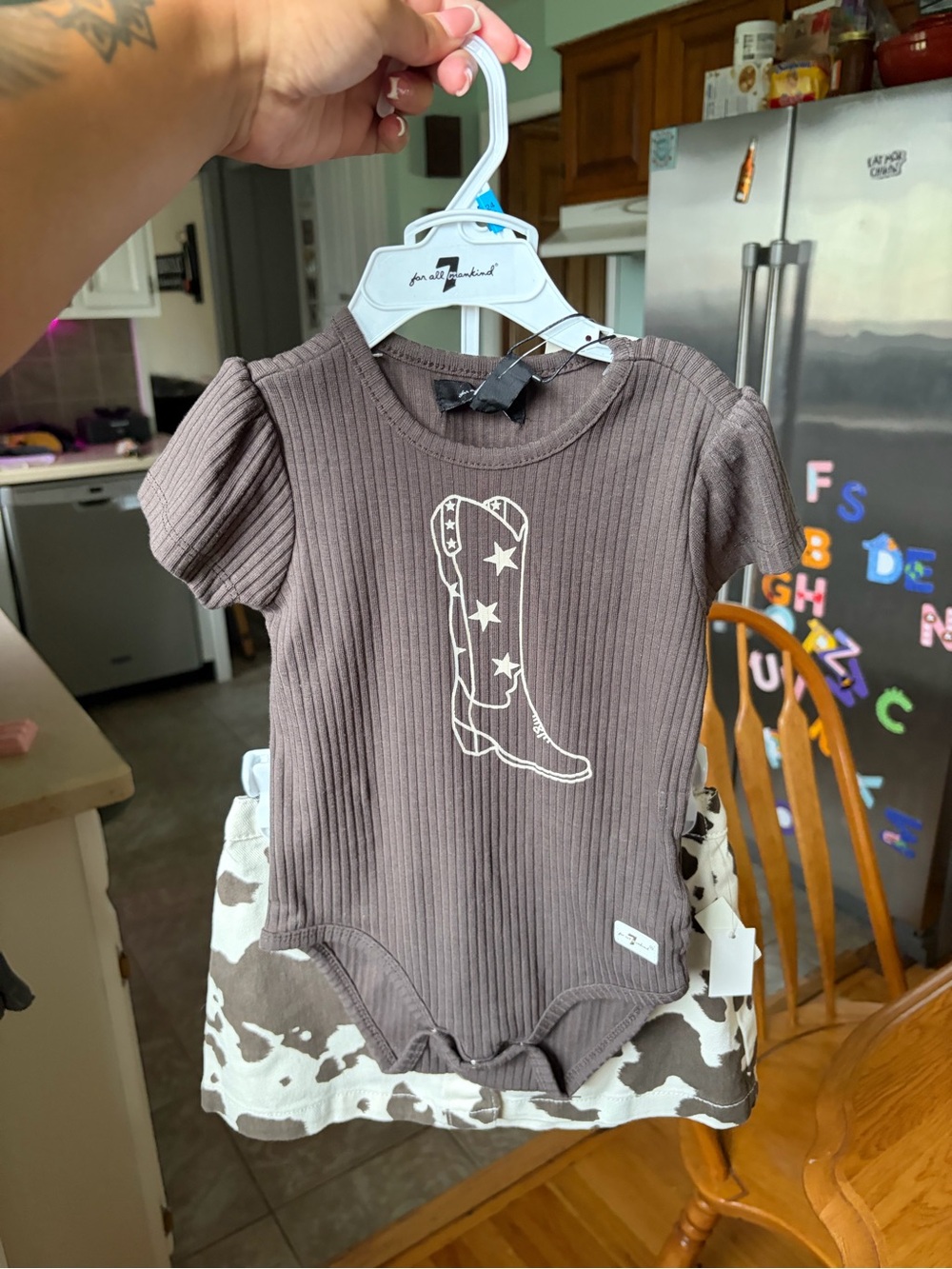 7 For All Mankind Brown Ribbed Baby One-Piece with Cowprint Ruffle